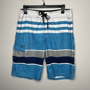 O'NEILL Mens Blue White Black Stripe Board Shorts Unlined Hook & Loop 31 x 10